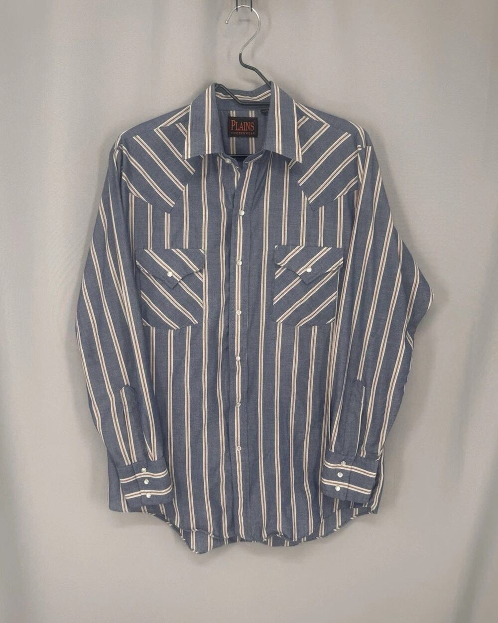Plains Western Wear Pearl Snap Shirt Mens Medium Blue Long Sleeve Striped